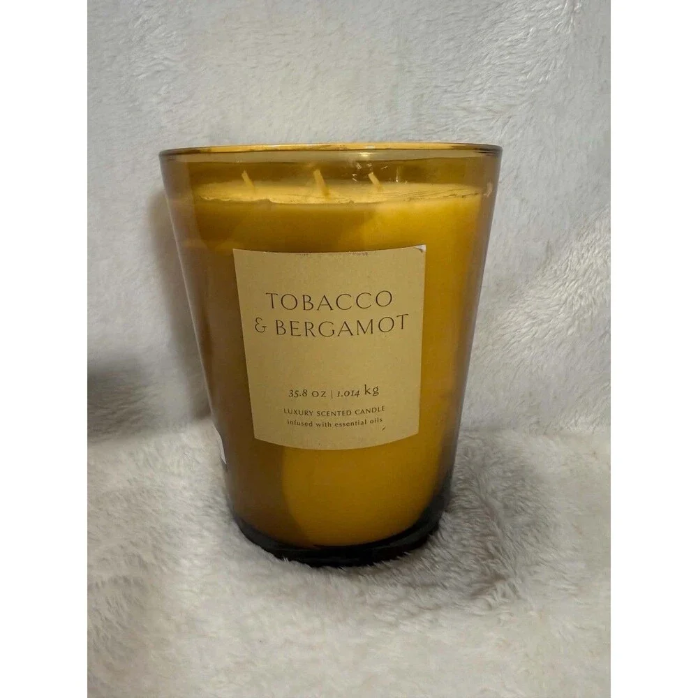 Threshold 35.8oz Tobacco Bergamot 3-Wick Candle Yellow Glass Vase 70Hr New